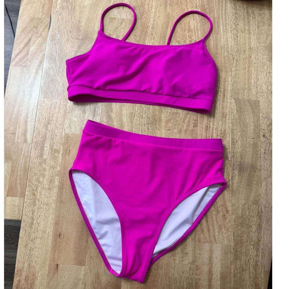 Hot Pink High Waisted Bikini Set Two Piece Swimsuit Adjustable Straps Pink M